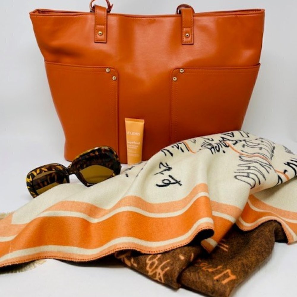 4 piece "Girl On The Go" set with Tote, Scarf, sunglasses and Elemis Superfood